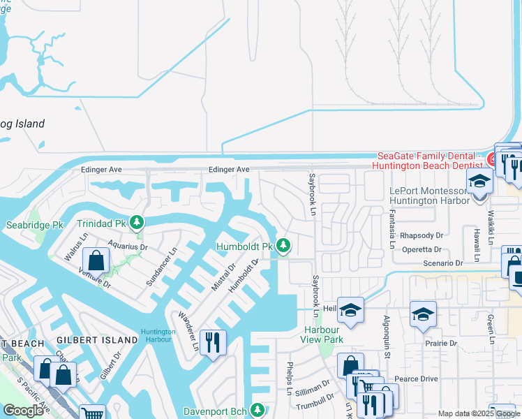 map of restaurants, bars, coffee shops, grocery stores, and more near 16131 Santa Barbara Lane in Huntington Beach