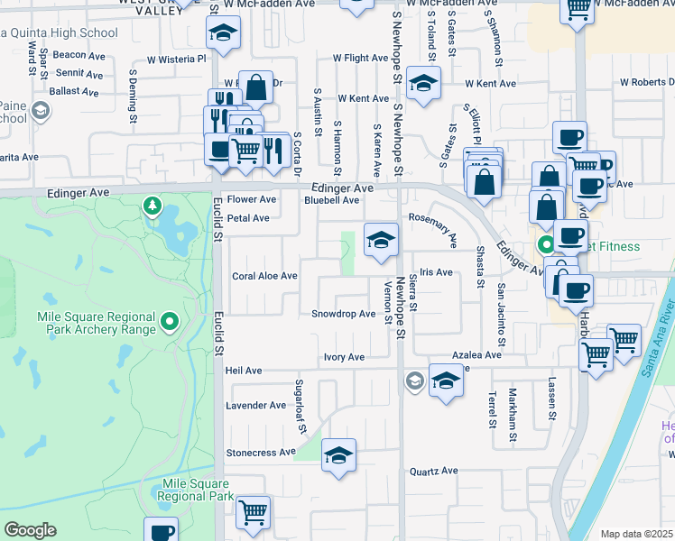 map of restaurants, bars, coffee shops, grocery stores, and more near 11555 Mount Bodie Street in Fountain Valley