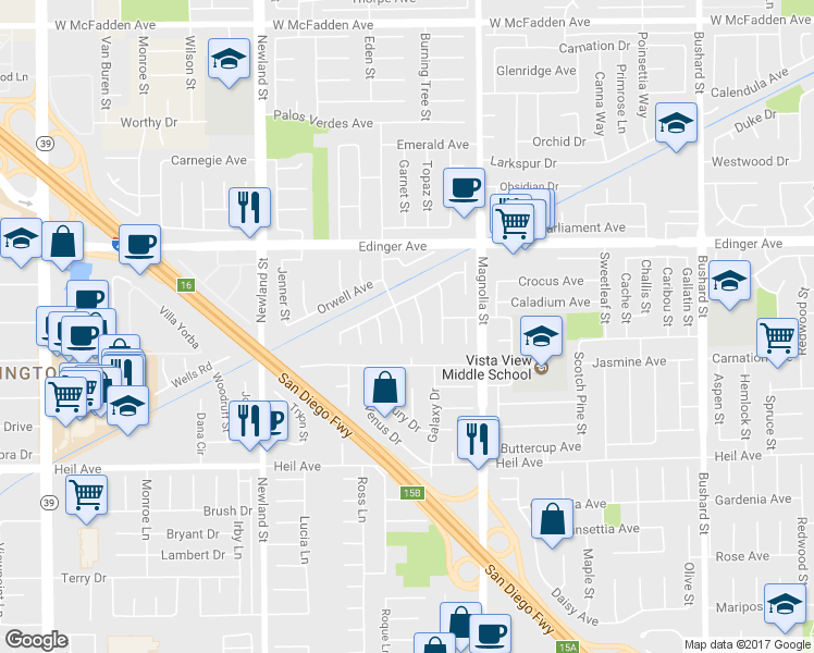 map of restaurants, bars, coffee shops, grocery stores, and more near 16182 Quartz Street in Westminster