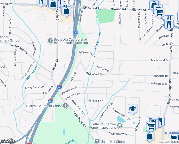 map of restaurants, bars, coffee shops, grocery stores, and more near 2101 Newgate Drive in Decatur