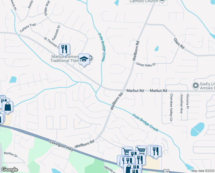 map of restaurants, bars, coffee shops, grocery stores, and more near 5850 Marbut Road in Lithonia