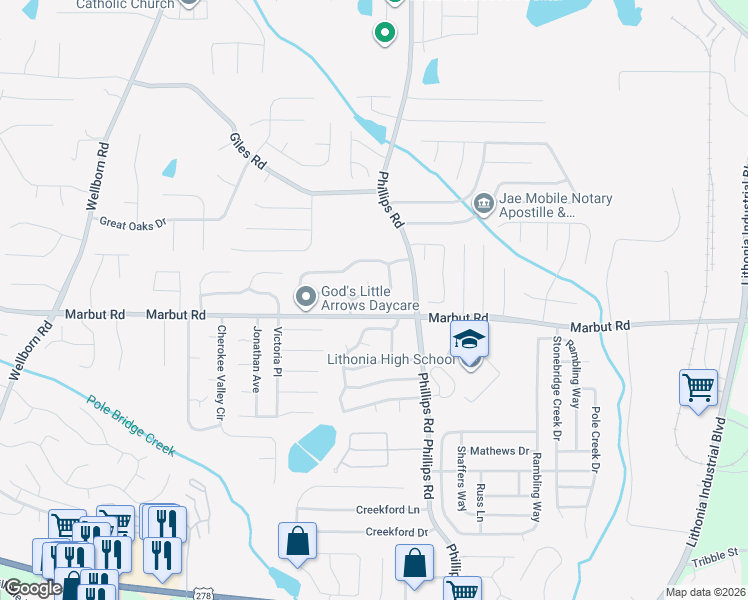 map of restaurants, bars, coffee shops, grocery stores, and more near 2074 Corners Circle in Lithonia