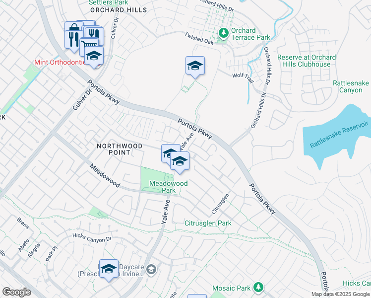 map of restaurants, bars, coffee shops, grocery stores, and more near 33 Mount Vernon in Irvine
