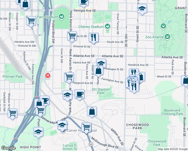 map of restaurants, bars, coffee shops, grocery stores, and more near 984 Violet Street Southeast in Atlanta