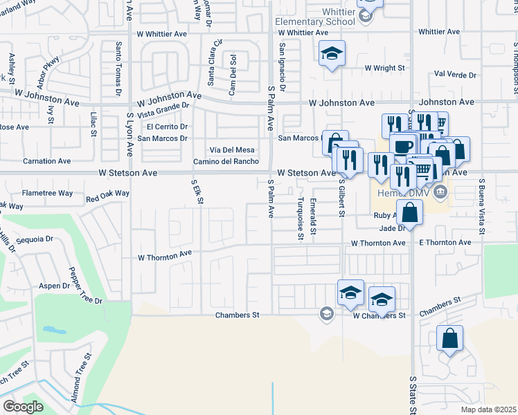 map of restaurants, bars, coffee shops, grocery stores, and more near 1219 South Palm Avenue in Hemet
