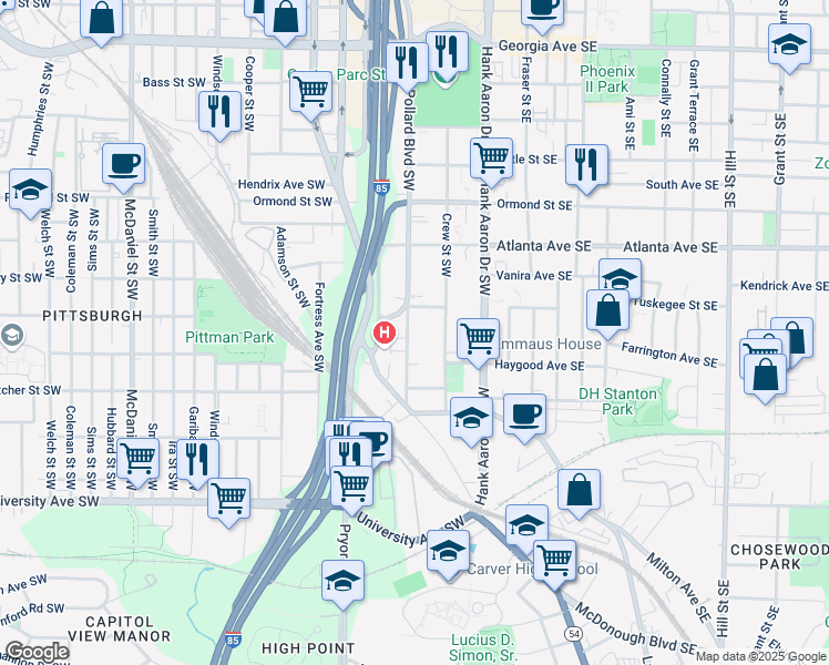 map of restaurants, bars, coffee shops, grocery stores, and more near 996 Washington Street Southwest in Atlanta
