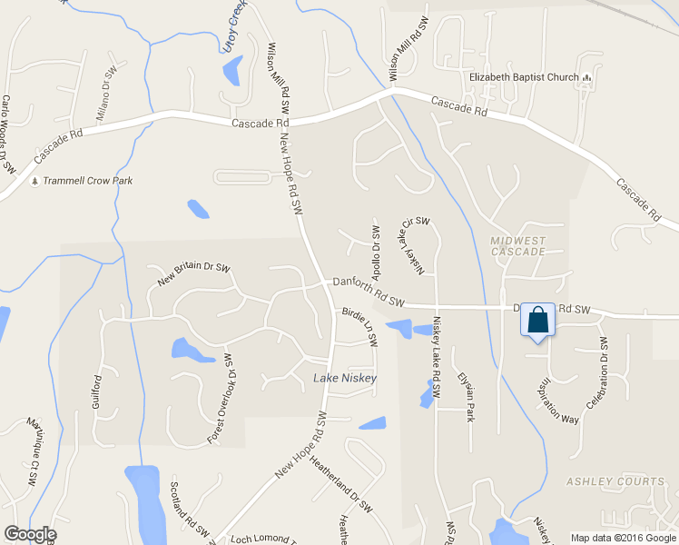 map of restaurants, bars, coffee shops, grocery stores, and more near 4595 Danforth Road Southwest in Atlanta