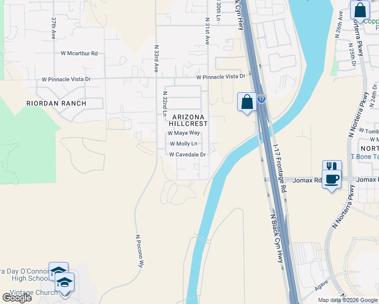 map of restaurants, bars, coffee shops, grocery stores, and more near 3208 West Cavedale Drive in Phoenix