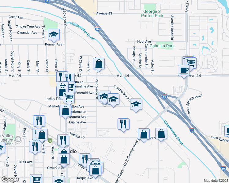 map of restaurants, bars, coffee shops, grocery stores, and more near 83482 Emerald Avenue in Indio
