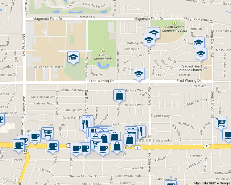 map of restaurants, bars, coffee shops, grocery stores, and more near 73697 Santa Rosa Way in Palm Desert