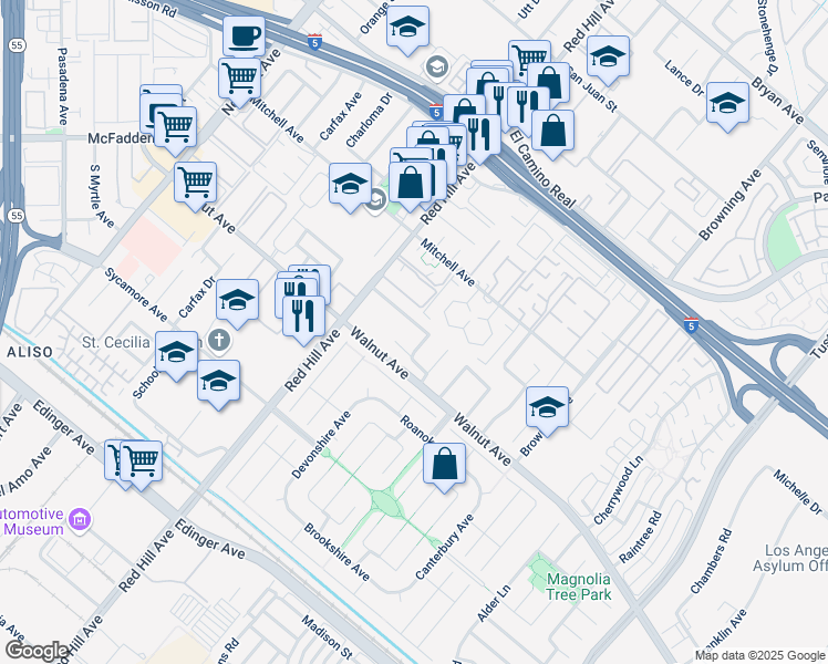 map of restaurants, bars, coffee shops, grocery stores, and more near 1671 Copperfield Drive in Tustin