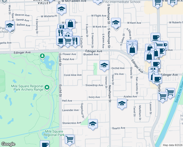 map of restaurants, bars, coffee shops, grocery stores, and more near 11555 Mount Bodie Street in Fountain Valley