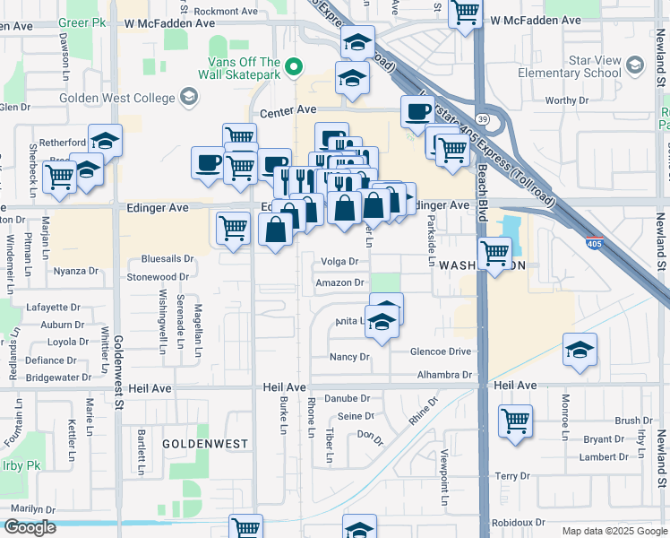 map of restaurants, bars, coffee shops, grocery stores, and more near 7602 Volga Drive in Huntington Beach