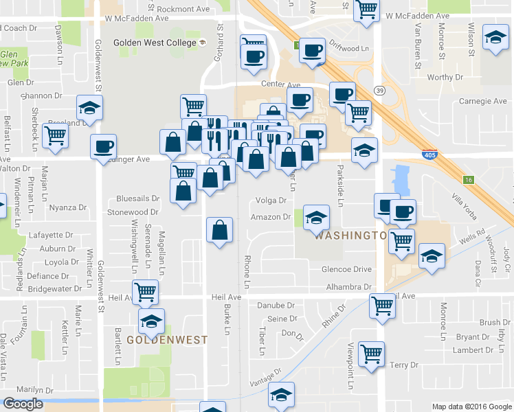 map of restaurants, bars, coffee shops, grocery stores, and more near 16171 Ganges Lane in Huntington Beach