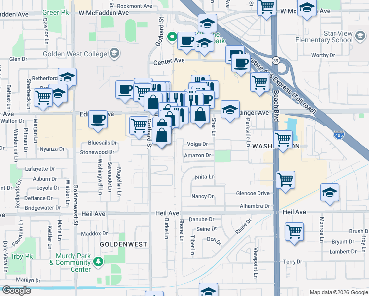 map of restaurants, bars, coffee shops, grocery stores, and more near 16171 Ganges Lane in Huntington Beach