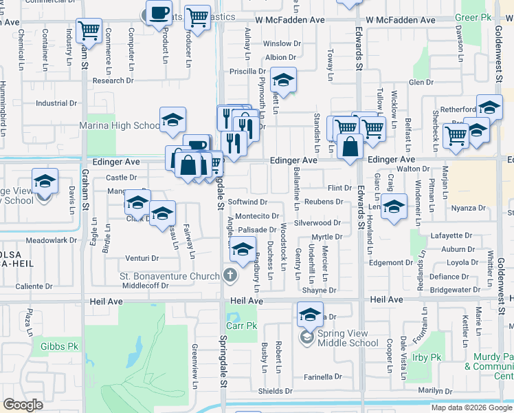 map of restaurants, bars, coffee shops, grocery stores, and more near 6142 Softwind Drive in Huntington Beach