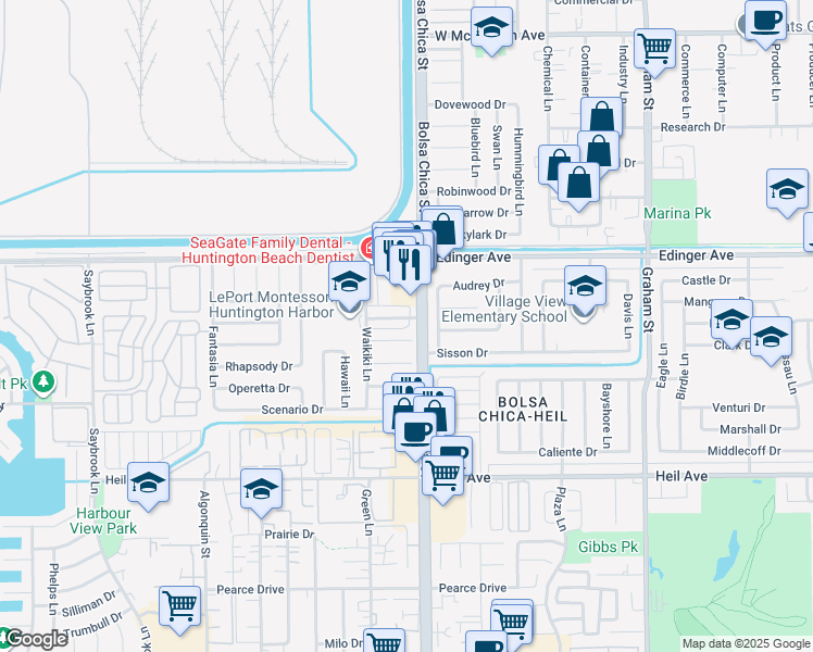 map of restaurants, bars, coffee shops, grocery stores, and more near 4932 Kona Drive in Huntington Beach