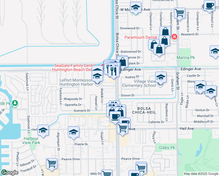 map of restaurants, bars, coffee shops, grocery stores, and more near 4932 Kona Drive in Huntington Beach