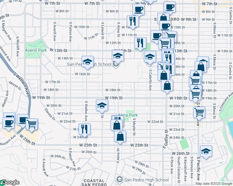 map of restaurants, bars, coffee shops, grocery stores, and more near 1817 South Alma Street in Los Angeles