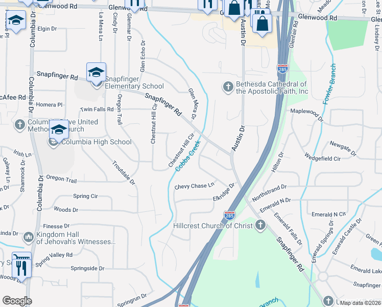 map of restaurants, bars, coffee shops, grocery stores, and more near 2123 Rolling View Drive in Decatur