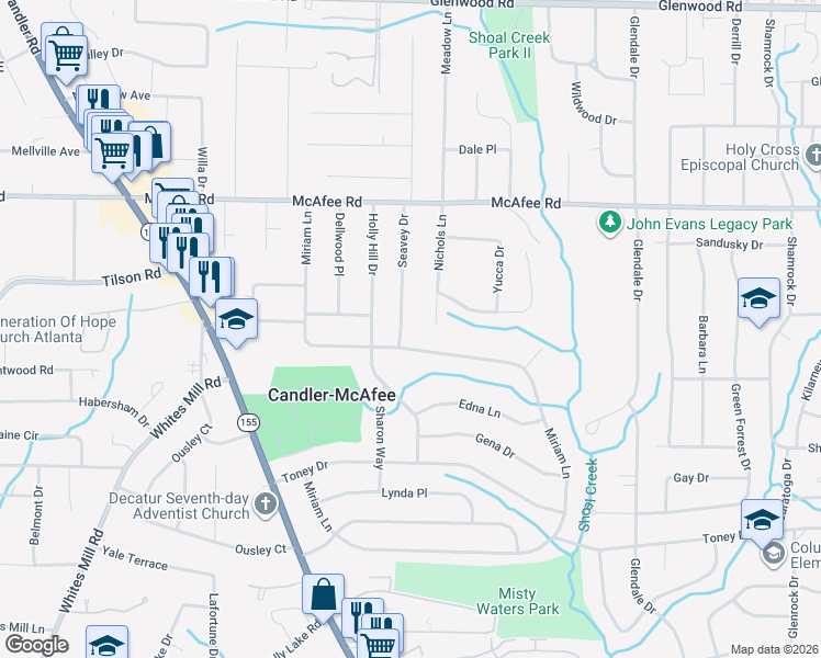 map of restaurants, bars, coffee shops, grocery stores, and more near 2127 Nichols Lane in Decatur