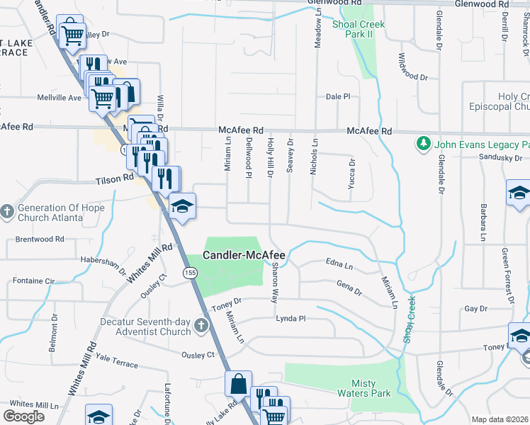 map of restaurants, bars, coffee shops, grocery stores, and more near 2198 Miriam Lane in Decatur