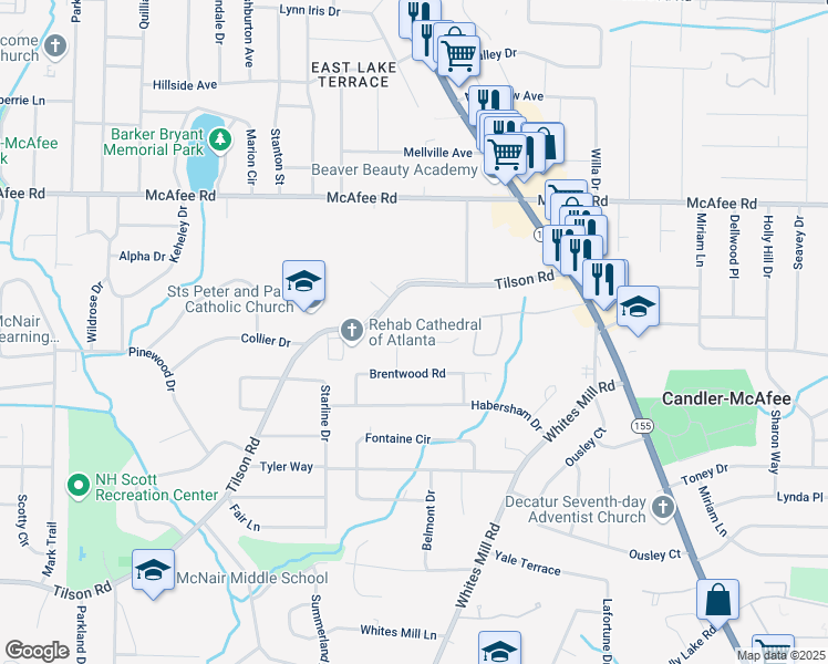 map of restaurants, bars, coffee shops, grocery stores, and more near 2510 Brentwood Court in Decatur