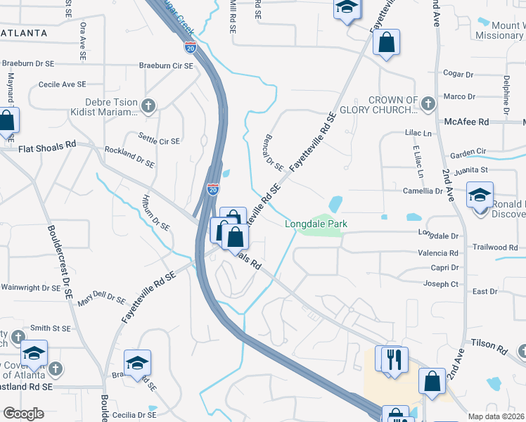 map of restaurants, bars, coffee shops, grocery stores, and more near 1708 Pine Trail Southeast in Atlanta