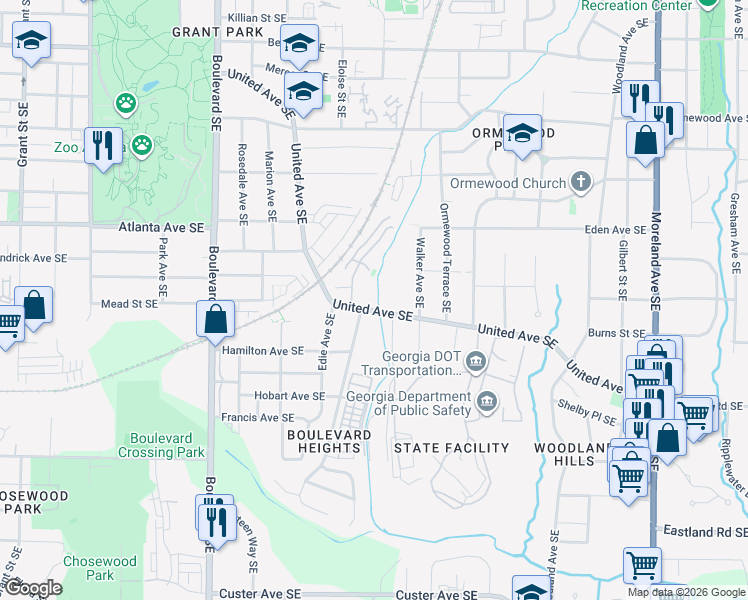 map of restaurants, bars, coffee shops, grocery stores, and more near 868 United Avenue Southeast in Atlanta