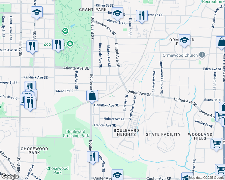 map of restaurants, bars, coffee shops, grocery stores, and more near 6 Mead Street Southeast in Atlanta