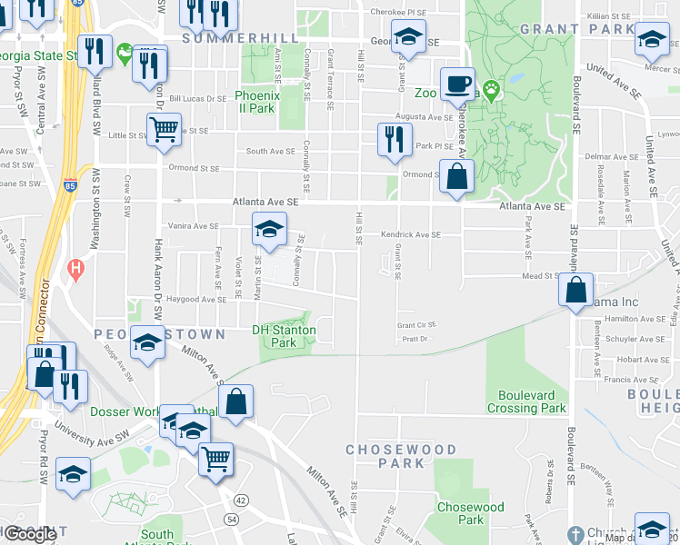 map of restaurants, bars, coffee shops, grocery stores, and more near 986 Grant Terrace Southeast in Atlanta