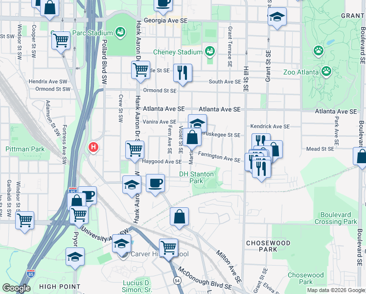 map of restaurants, bars, coffee shops, grocery stores, and more near 984 Violet Street Southeast in Atlanta