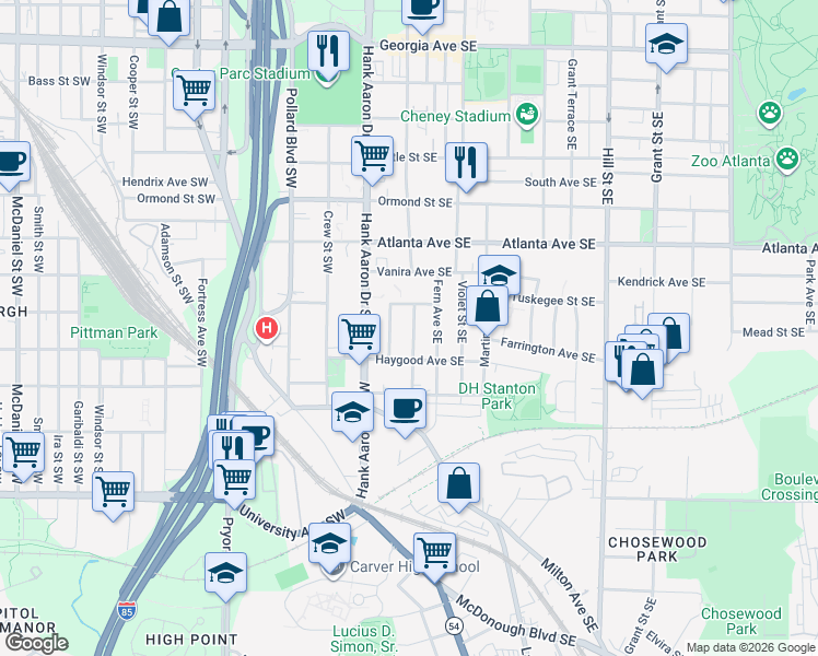 map of restaurants, bars, coffee shops, grocery stores, and more near 985 Liman Avenue Southeast in Atlanta