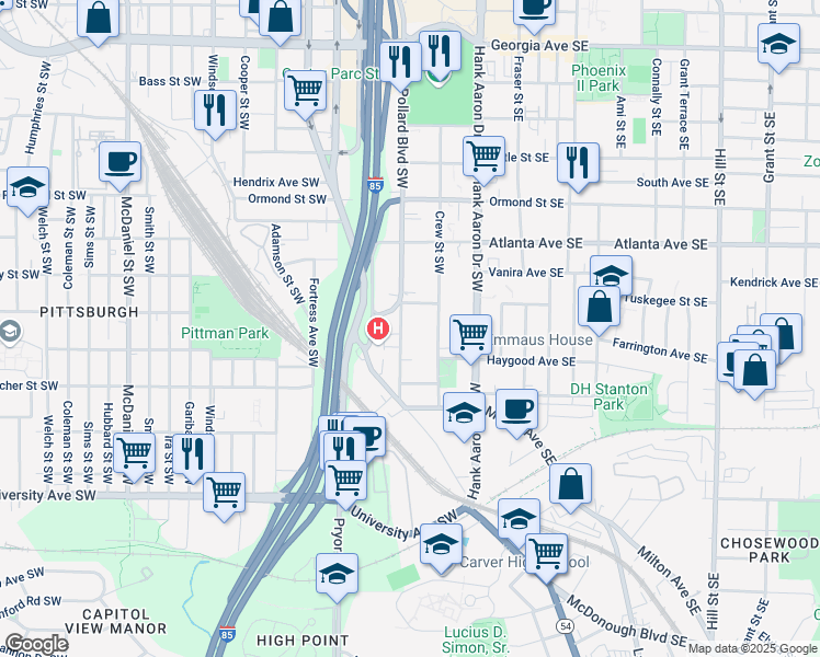 map of restaurants, bars, coffee shops, grocery stores, and more near 996 Washington Street Southwest in Atlanta