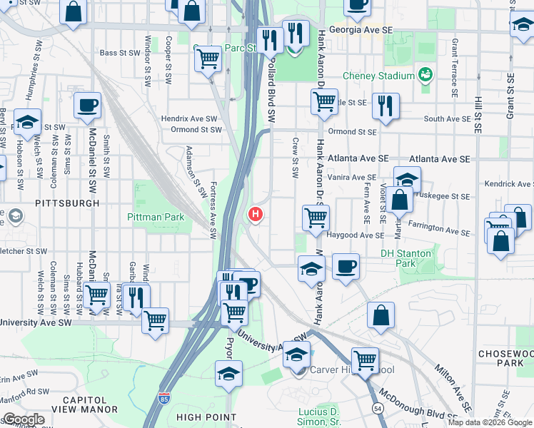 map of restaurants, bars, coffee shops, grocery stores, and more near 993 Washington Street Southwest in Atlanta