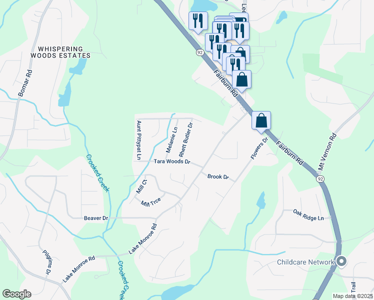 map of restaurants, bars, coffee shops, grocery stores, and more near 2850 Rhett Butler Drive in Douglasville