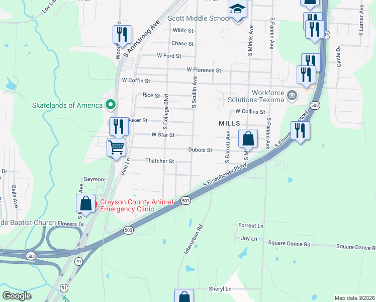 map of restaurants, bars, coffee shops, grocery stores, and more near 830 Dubois Street in Denison
