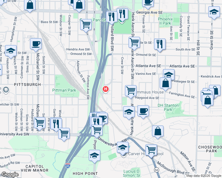 map of restaurants, bars, coffee shops, grocery stores, and more near 993 Washington Street Southwest in Atlanta