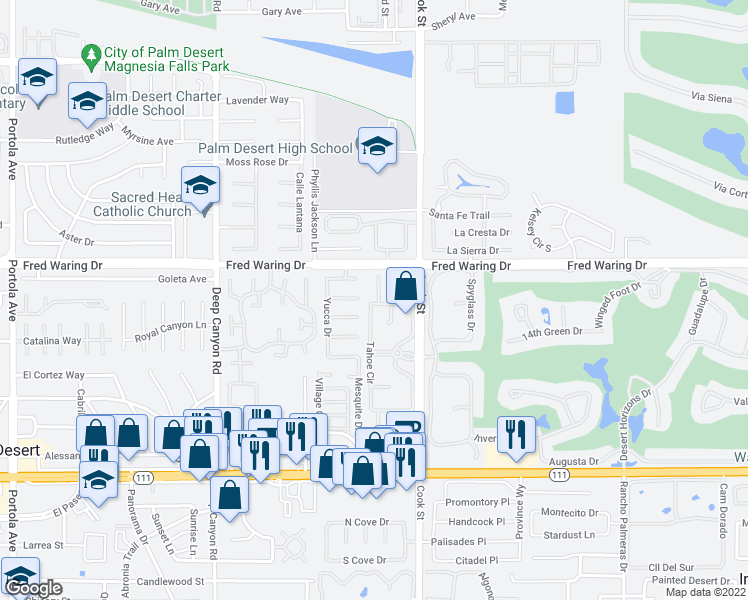 map of restaurants, bars, coffee shops, grocery stores, and more near 44067 Erie Court in Indian Wells