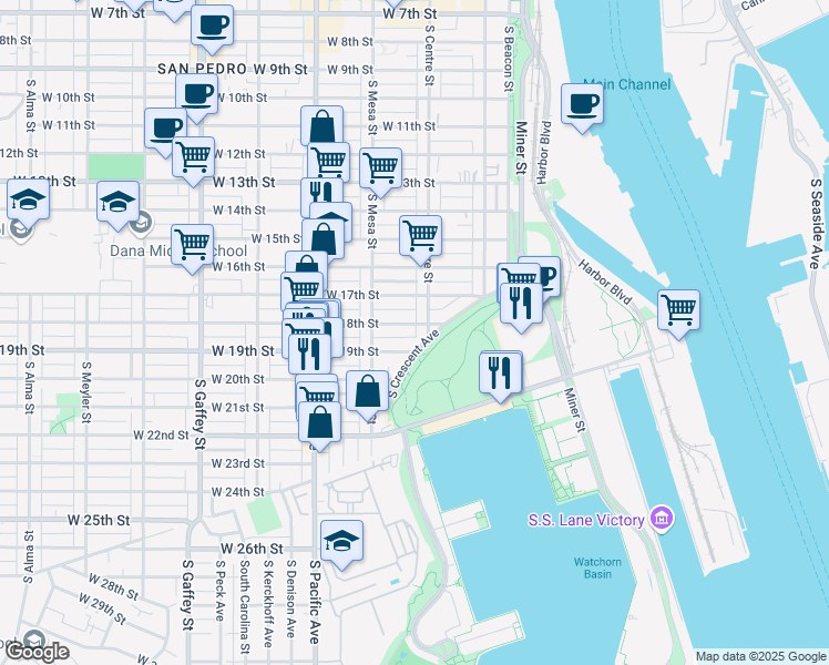 map of restaurants, bars, coffee shops, grocery stores, and more near 325 West 18th Street in Los Angeles