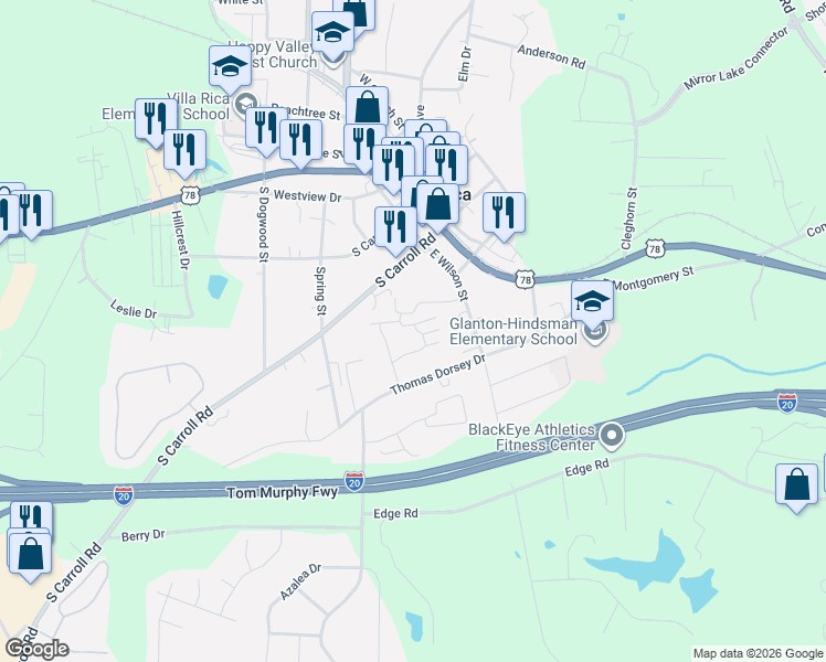 map of restaurants, bars, coffee shops, grocery stores, and more near 209 East Wilson Street in Villa Rica