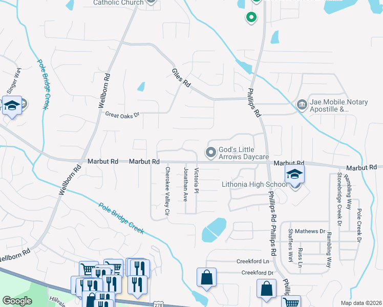 map of restaurants, bars, coffee shops, grocery stores, and more near 2093 Victoria Place in Lithonia