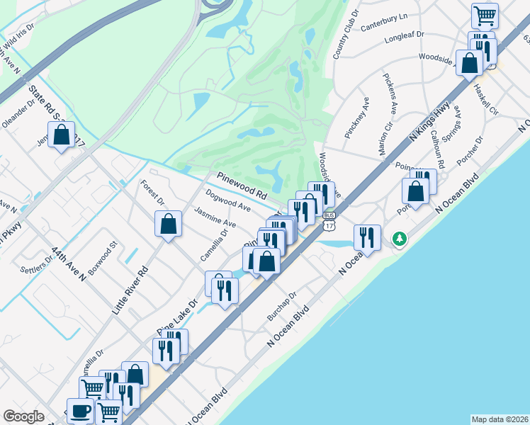 map of restaurants, bars, coffee shops, grocery stores, and more near 602 Dogwood Avenue in Myrtle Beach