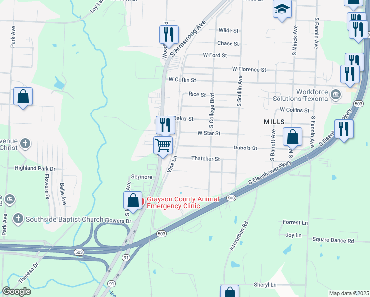 map of restaurants, bars, coffee shops, grocery stores, and more near 1050 Dubois Street in Denison