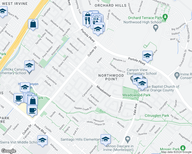 map of restaurants, bars, coffee shops, grocery stores, and more near 307 Rathbourne in Irvine