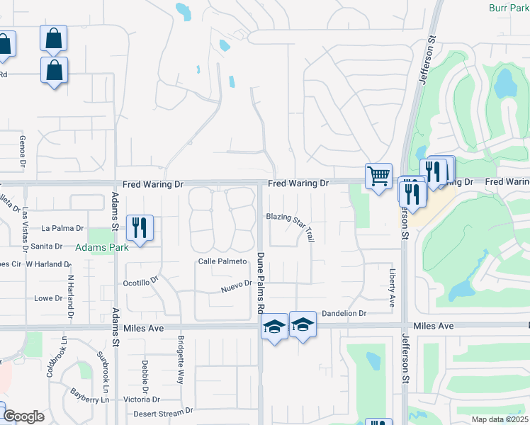 map of restaurants, bars, coffee shops, grocery stores, and more near 44215 Dalea Court in La Quinta
