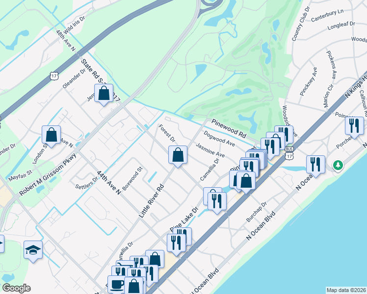map of restaurants, bars, coffee shops, grocery stores, and more near 4805 Forest Drive in Myrtle Beach
