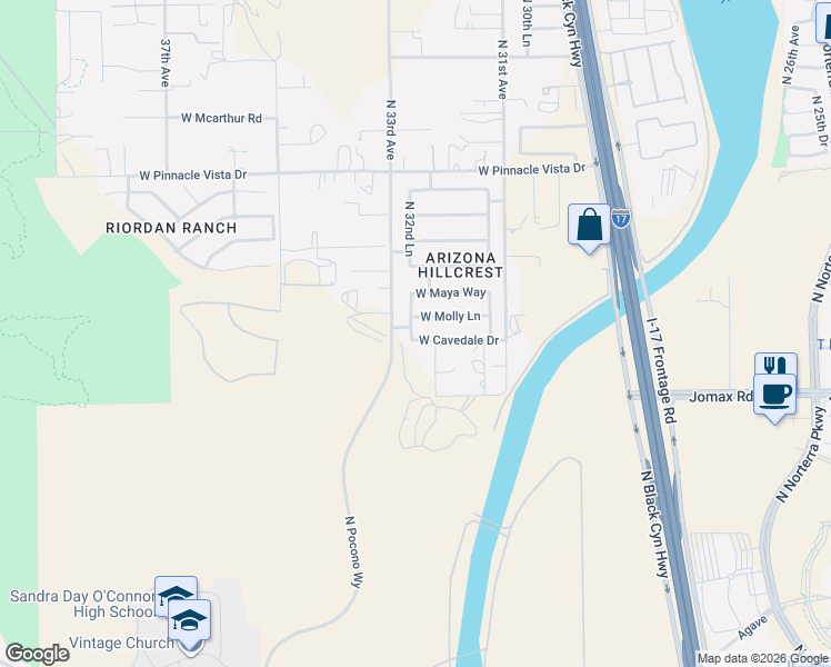 map of restaurants, bars, coffee shops, grocery stores, and more near 26648 North 32nd Lane in Phoenix