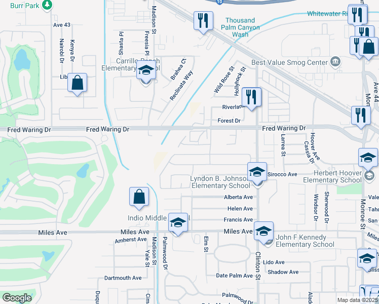 map of restaurants, bars, coffee shops, grocery stores, and more near 81138 Avenida Gonzalez in Indio