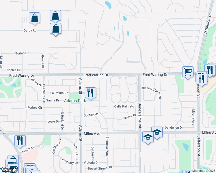 map of restaurants, bars, coffee shops, grocery stores, and more near 44180 Camino Lavanda in La Quinta